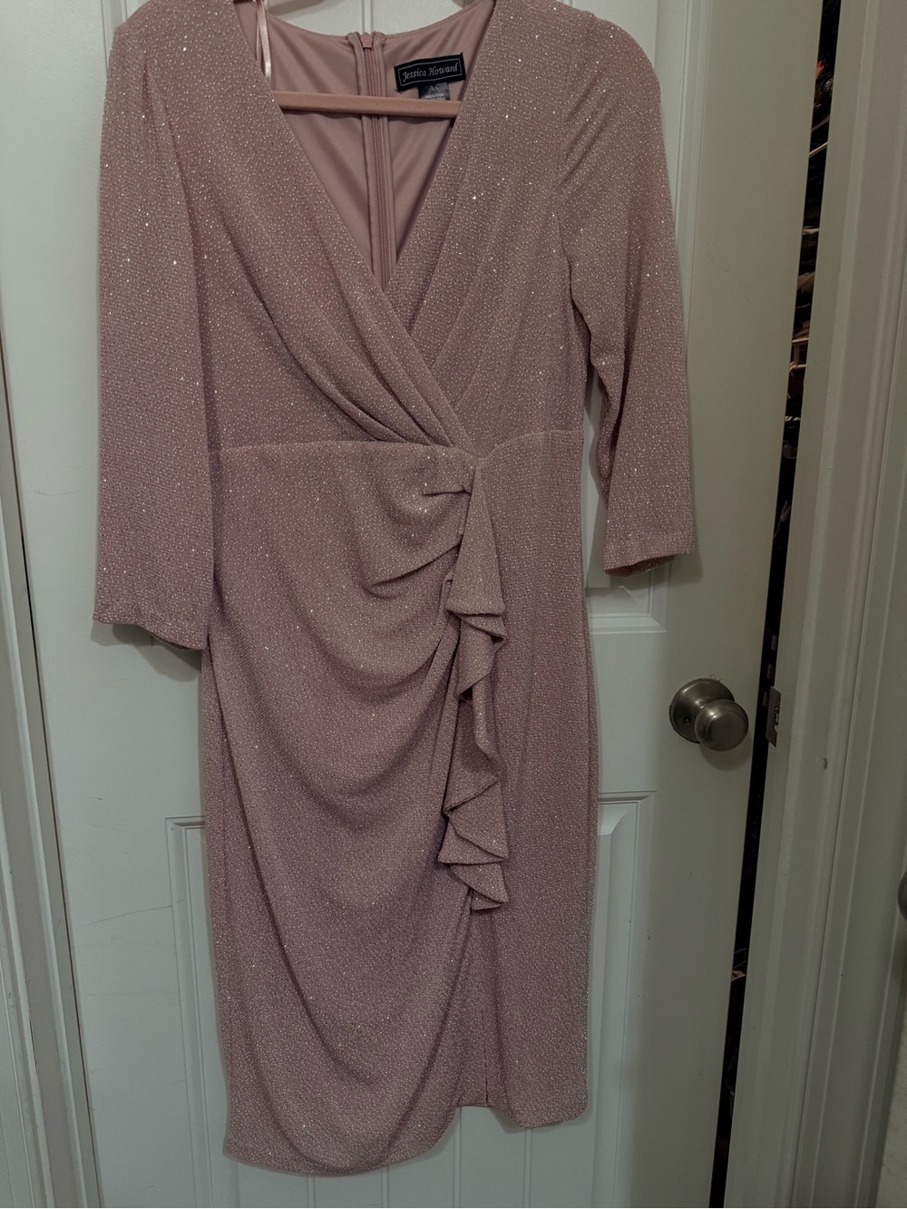 Jessica Howard Blush Pink Sparkle Wrap-Style Midi Dress